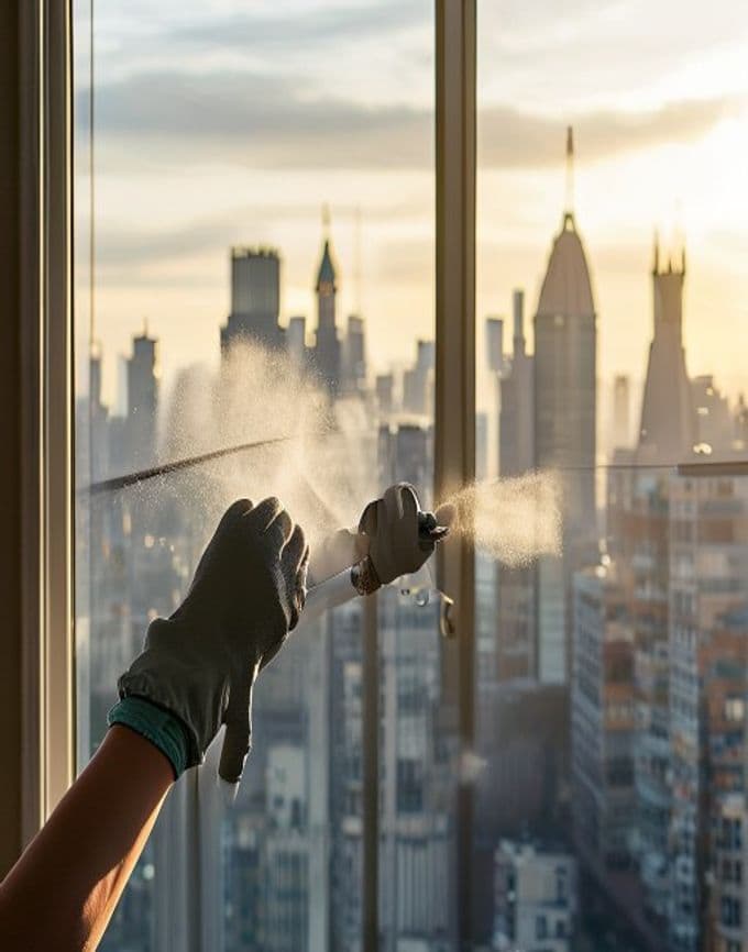 Мытье панорамного окна в квартире с видом на город.